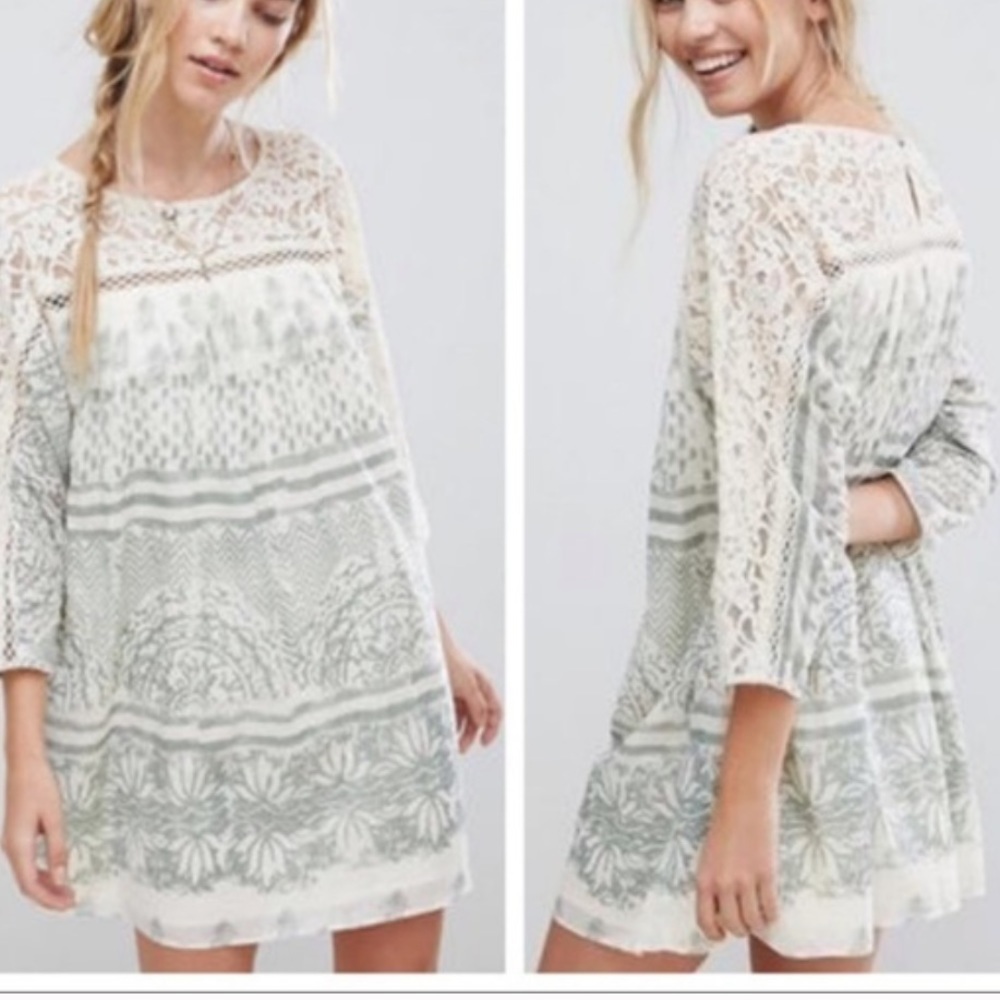 Free People Sun Daze NWT Sage Ivory Lace Panel Shift Printed Lined Tunic Dress S - Picture 3 of 8